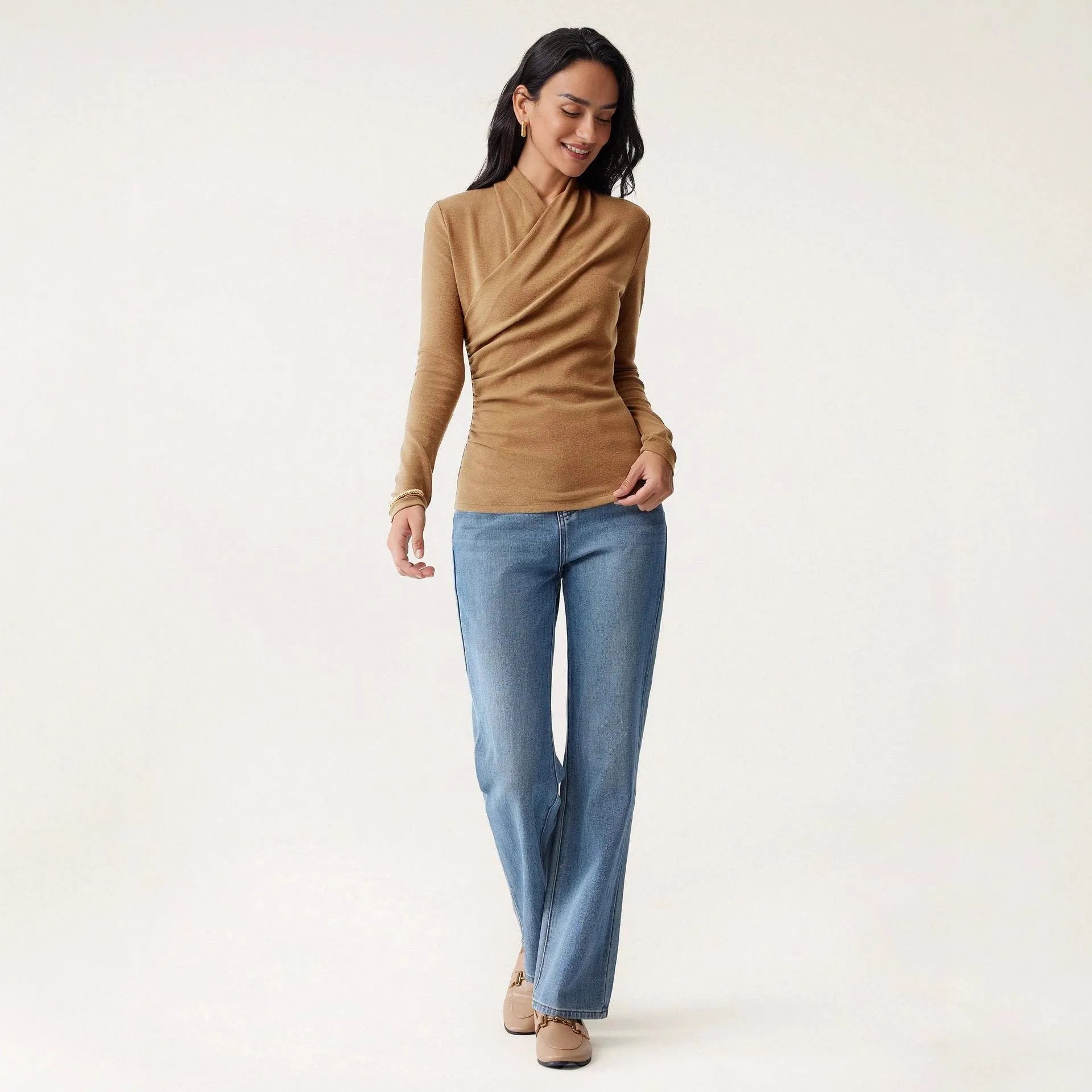 Camel colour women's slim fit pullover sweater with long sleeves