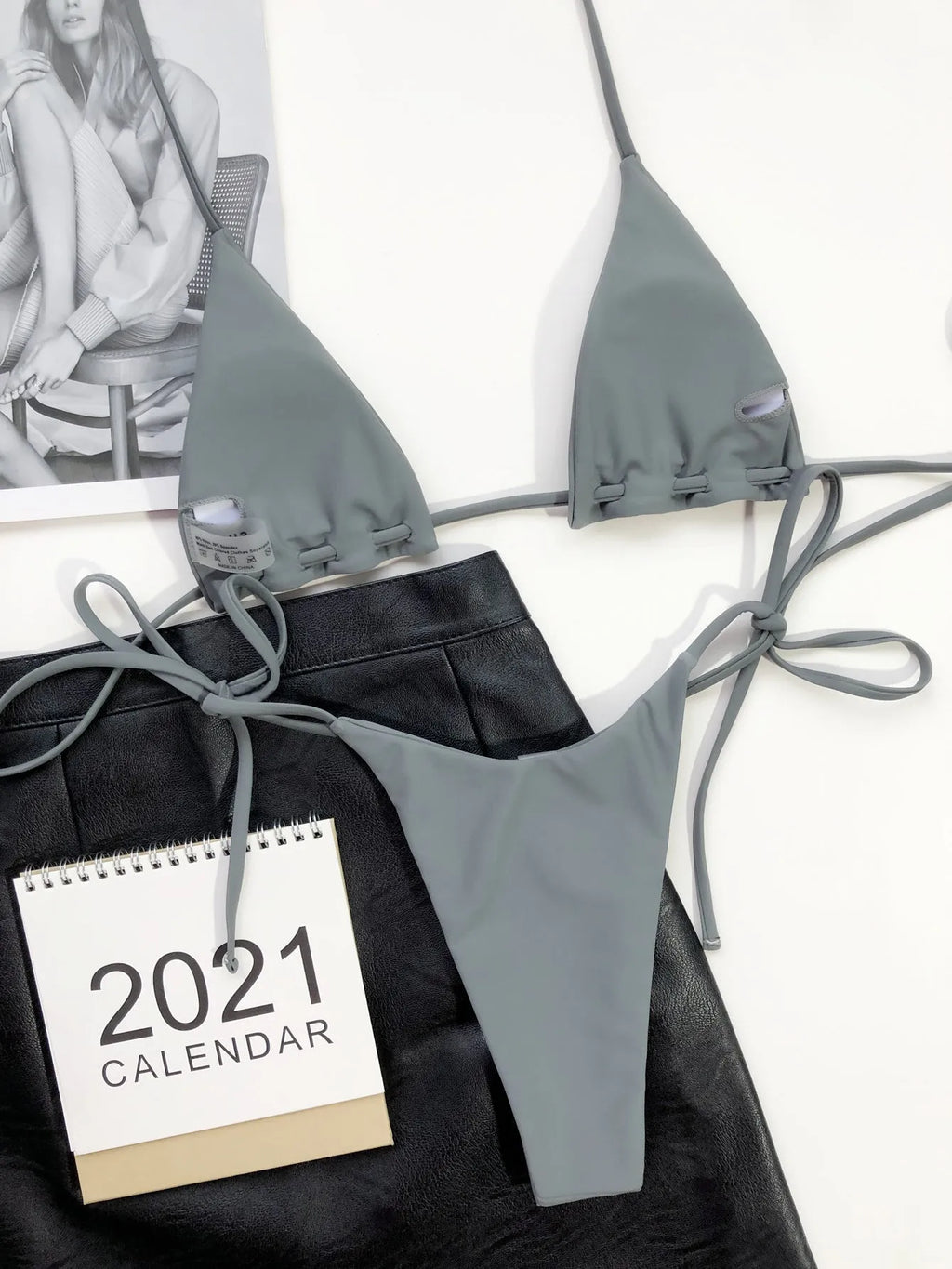 Grey nylon triangle bag swimsuit set with rope lanyard for women, including bra and panties
