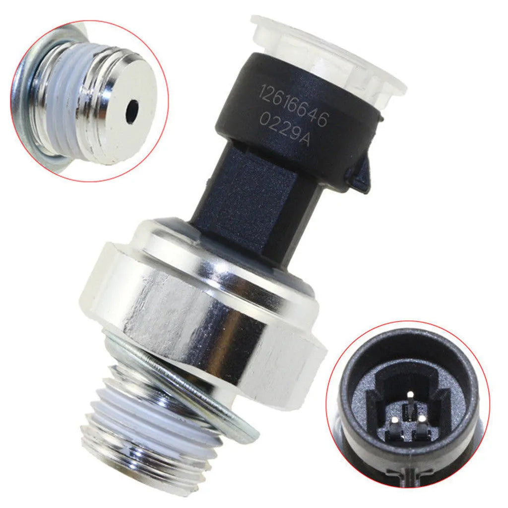 Genuine GM oil pressure sensor with part numbers for Buick and Chevrolet vehicles.