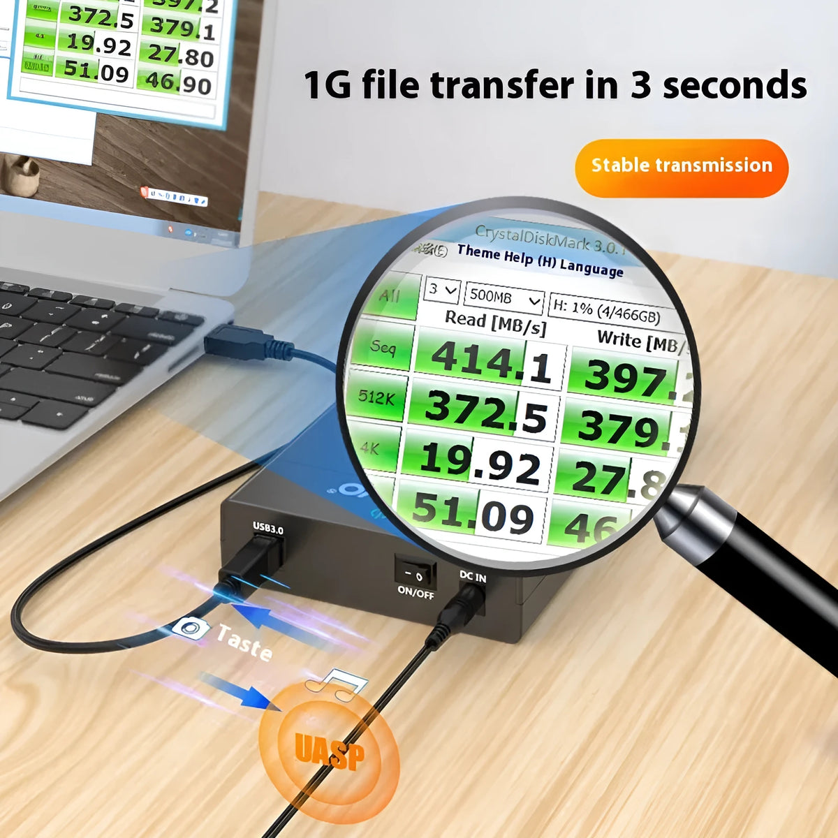 3.5 inch USB SATA hard drive enclosure with sliding cover and power supply in black and silver colour