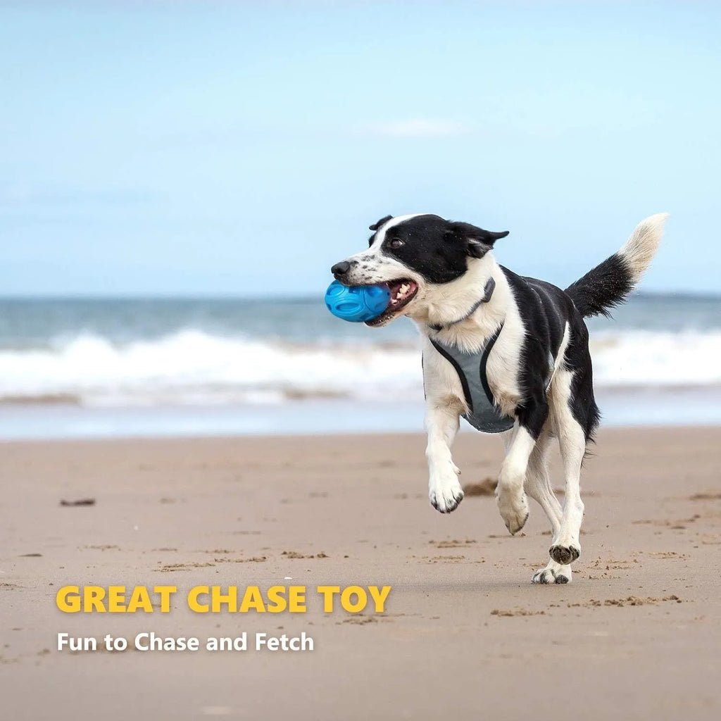 Blue, green, and orange natural rubber squeaky dog toy ball with surface grooves for medium/large breed dogs.