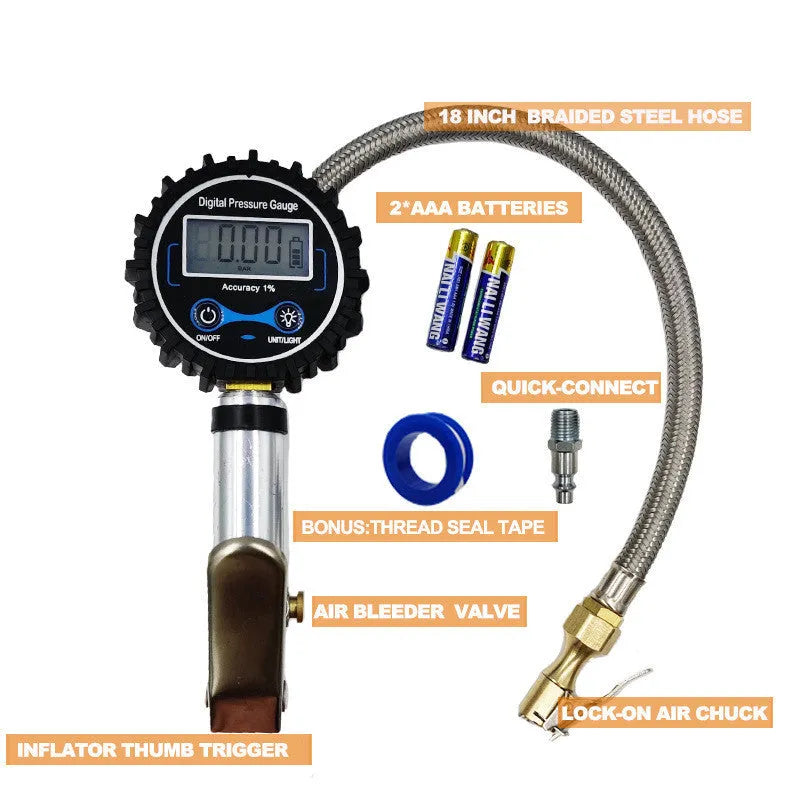 Digital tire pressure gauge with black silver metal body, backlit display, and braided hose on a tyre valve