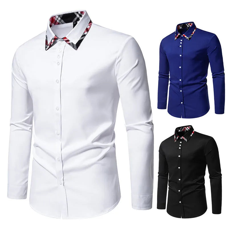Men's blue plaid shirt with triangle collar and long sleeves