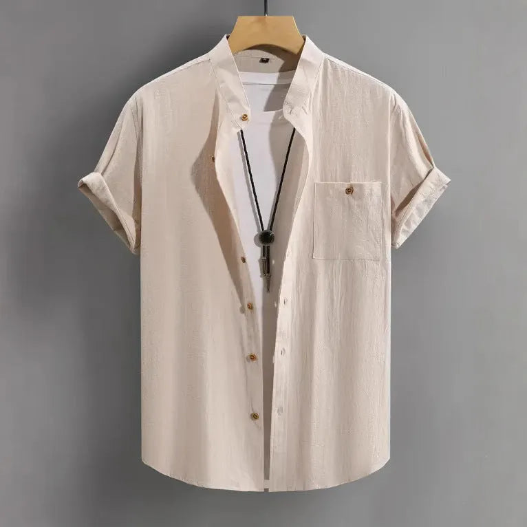 Men's short-sleeved cotton cardigan shirt in solid colour, front view, colour white