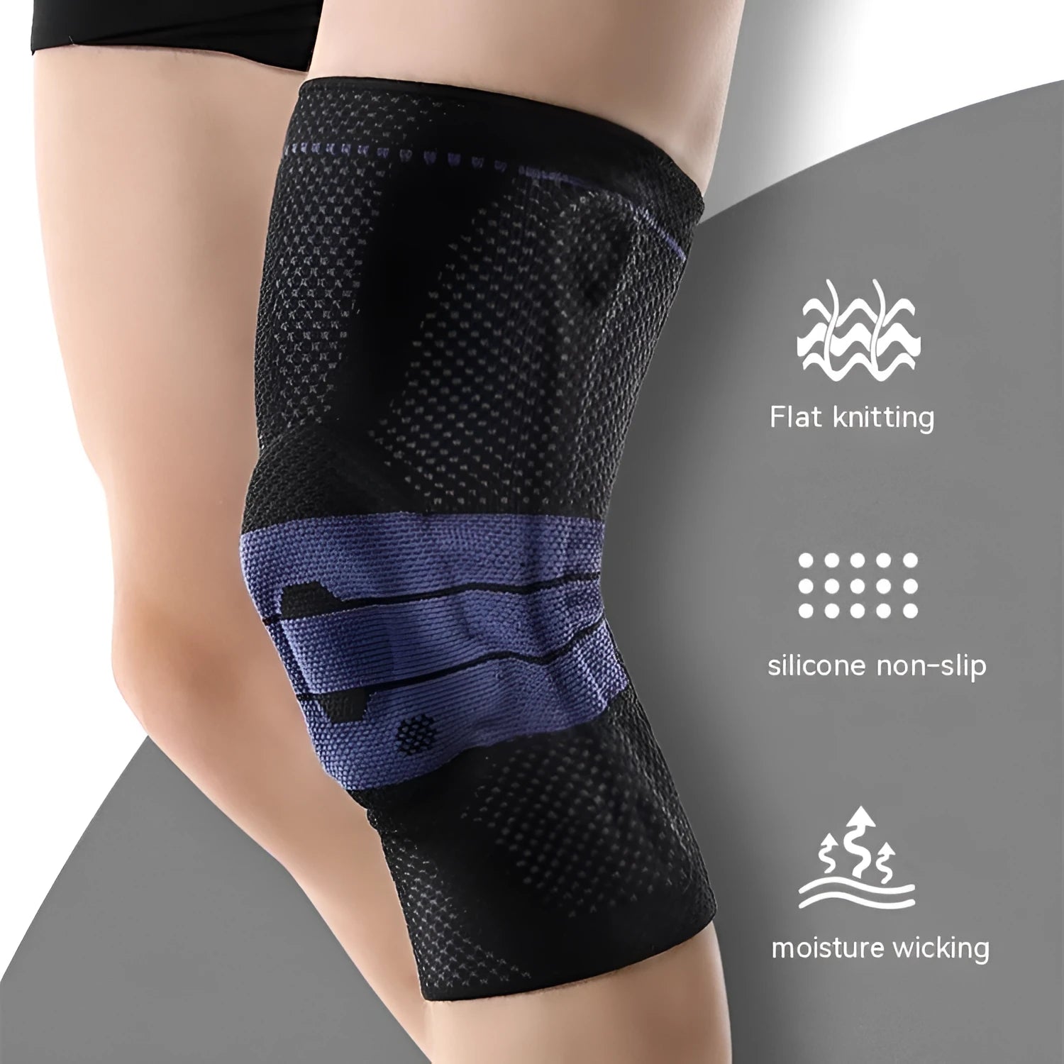 Black and blue adult sports knee pad made of nylon and spandex for basketball and running.