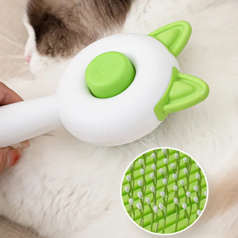 Self-cleaning cat grooming brush with stainless steel pins in greenish white and orange white colour options