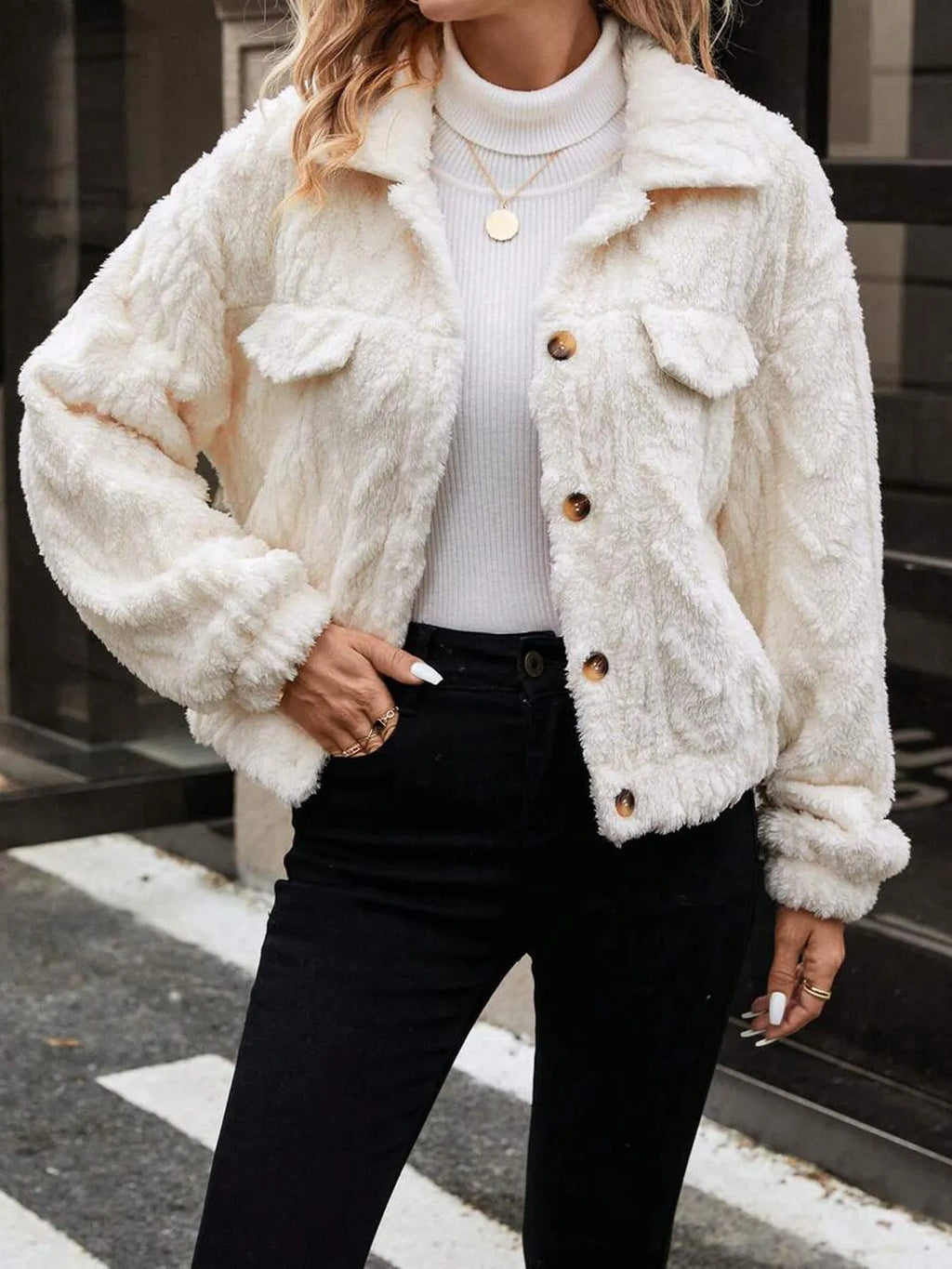 Ivory white double-sided plush women's cardigan with button front and regular long sleeves