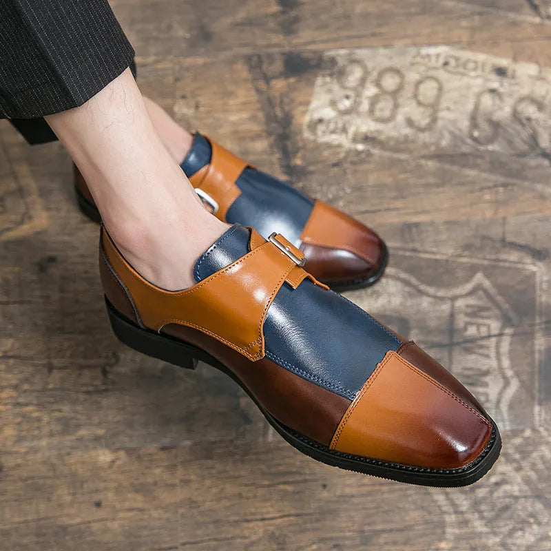 Men's brown blue retro buckle casual leather shoes with tall crown design