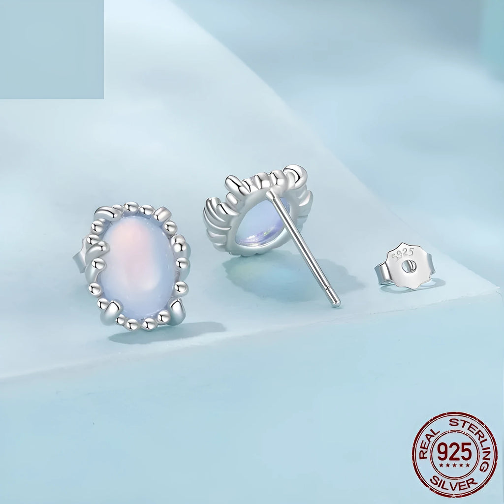 Women's 925 sterling silver magic stone stud earrings with geometric ellipse shape French romantic style