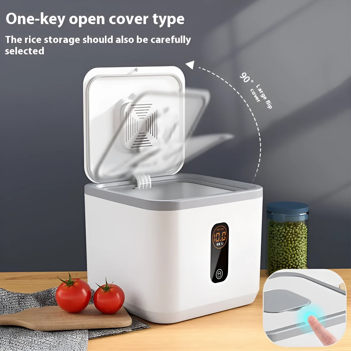 Grey plastic sealed rice storage jar with lid and a measuring cup, shown in three size options.