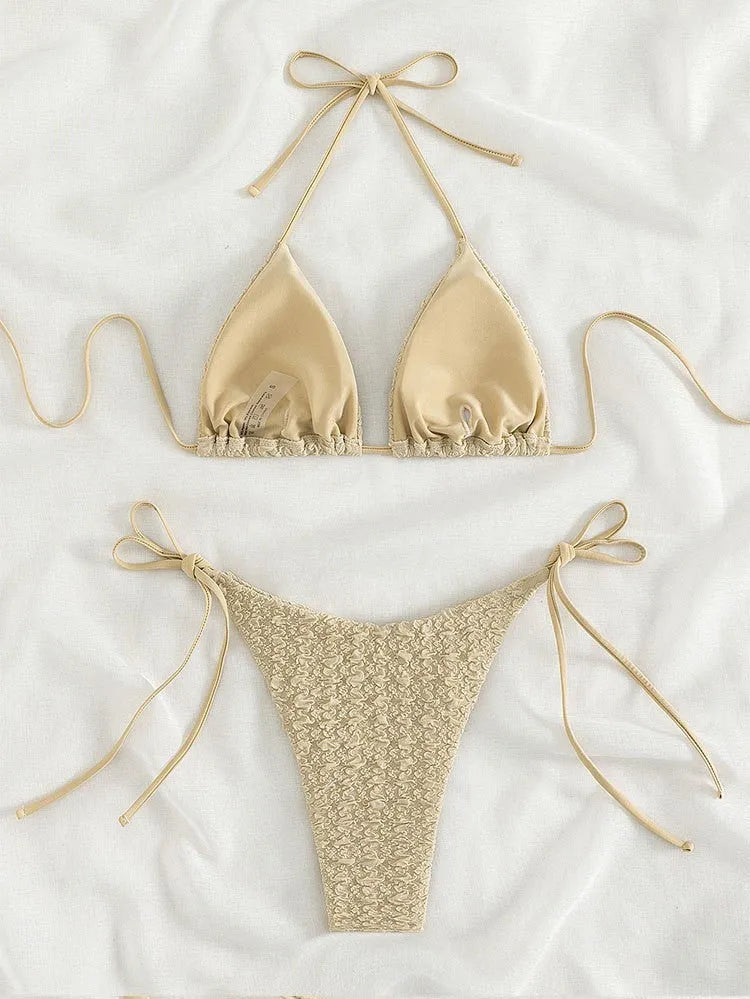 Women's high waist bikini swimsuit with lace-up sides in khaki, blue, pink, or black colours