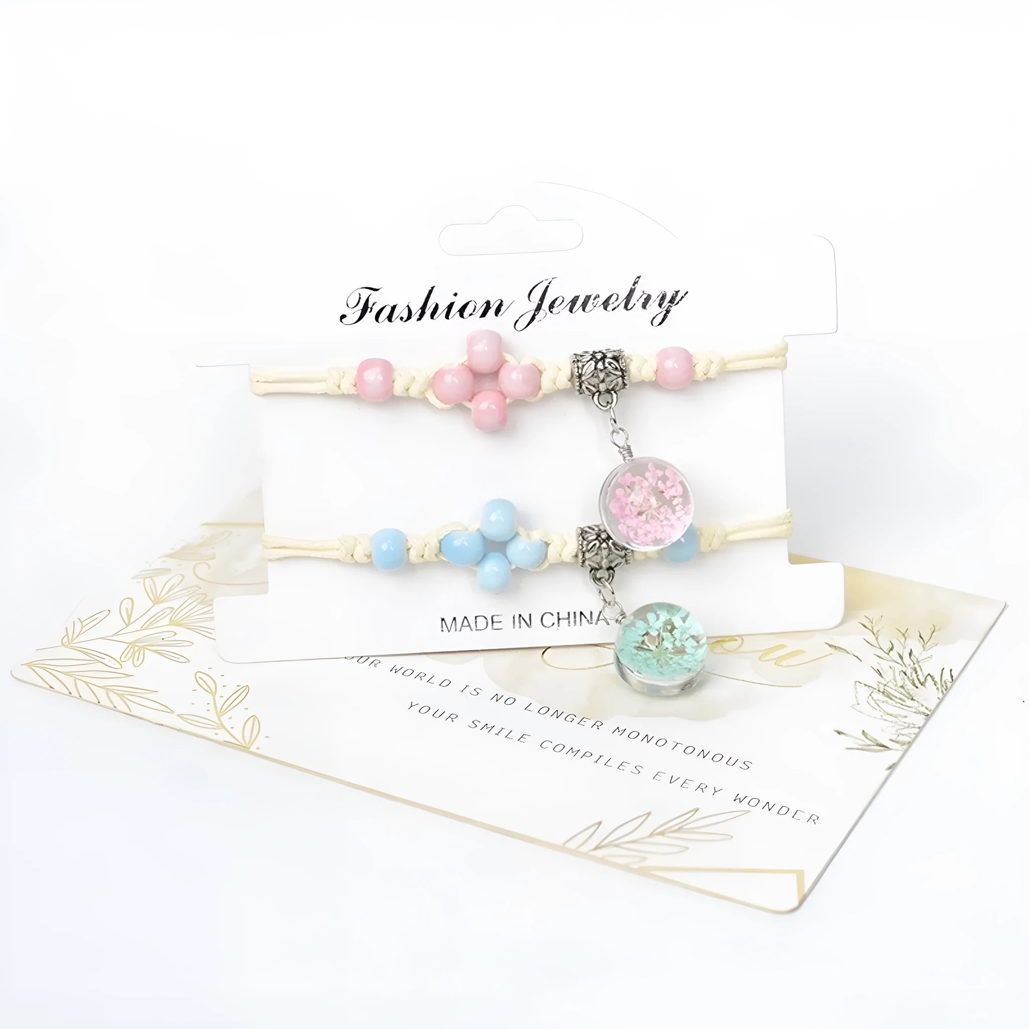 Glass dried flower bracelet with large 1.4cm beads containing real preserved flowers in various colours