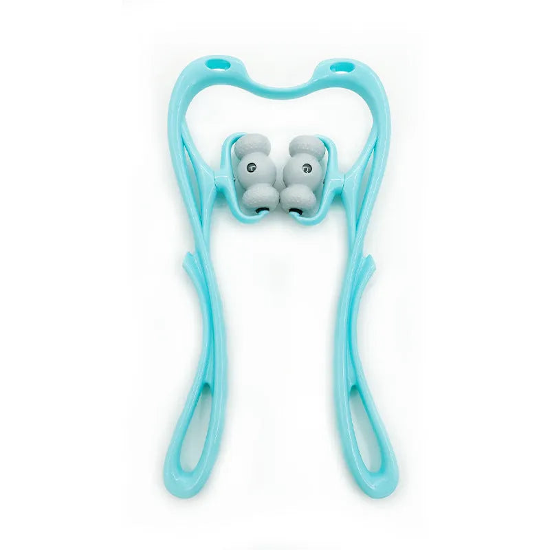 Blue neck massager with 360 degree roller and 96 acupoint nodes for deep tissue pain relief on neck and shoulders