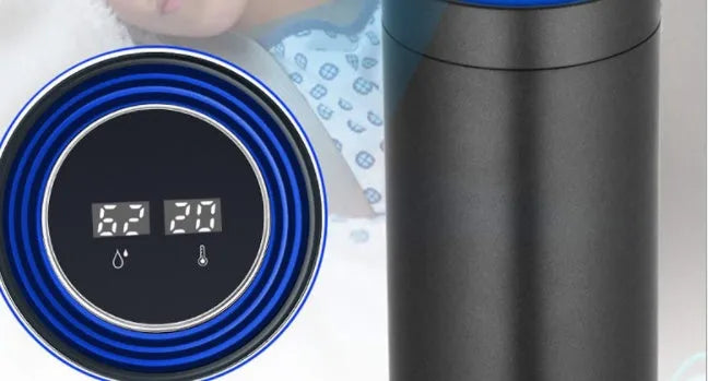Aluminium alloy car air purifier with digital display showing air quality, temperature, and humidity readings.