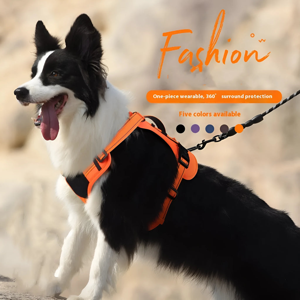 Orange PU dog vest harness with an integrated black hand-holding rope leash, shown on a medium-sized dog.