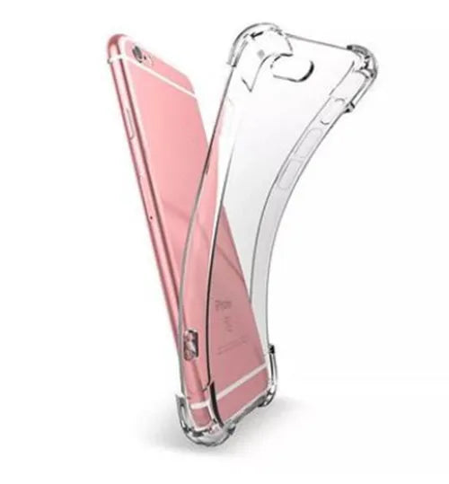 Transparent shockproof TPU case for iPhone on a table, showing clear design and back cover style.