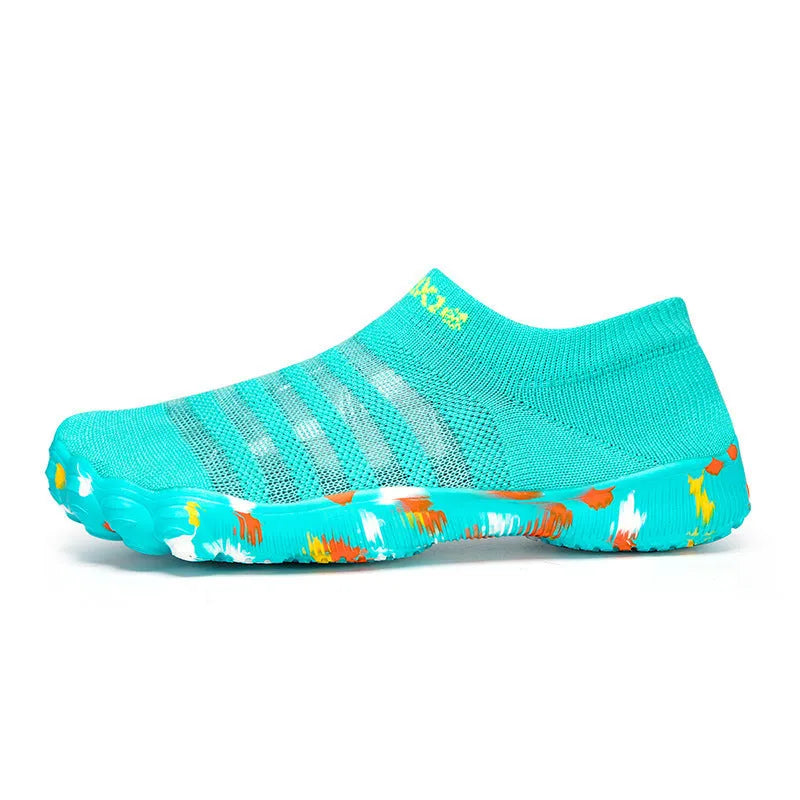 Men's camouflage pattern water shoes with Flyknit upper and rubber sole on a white background.