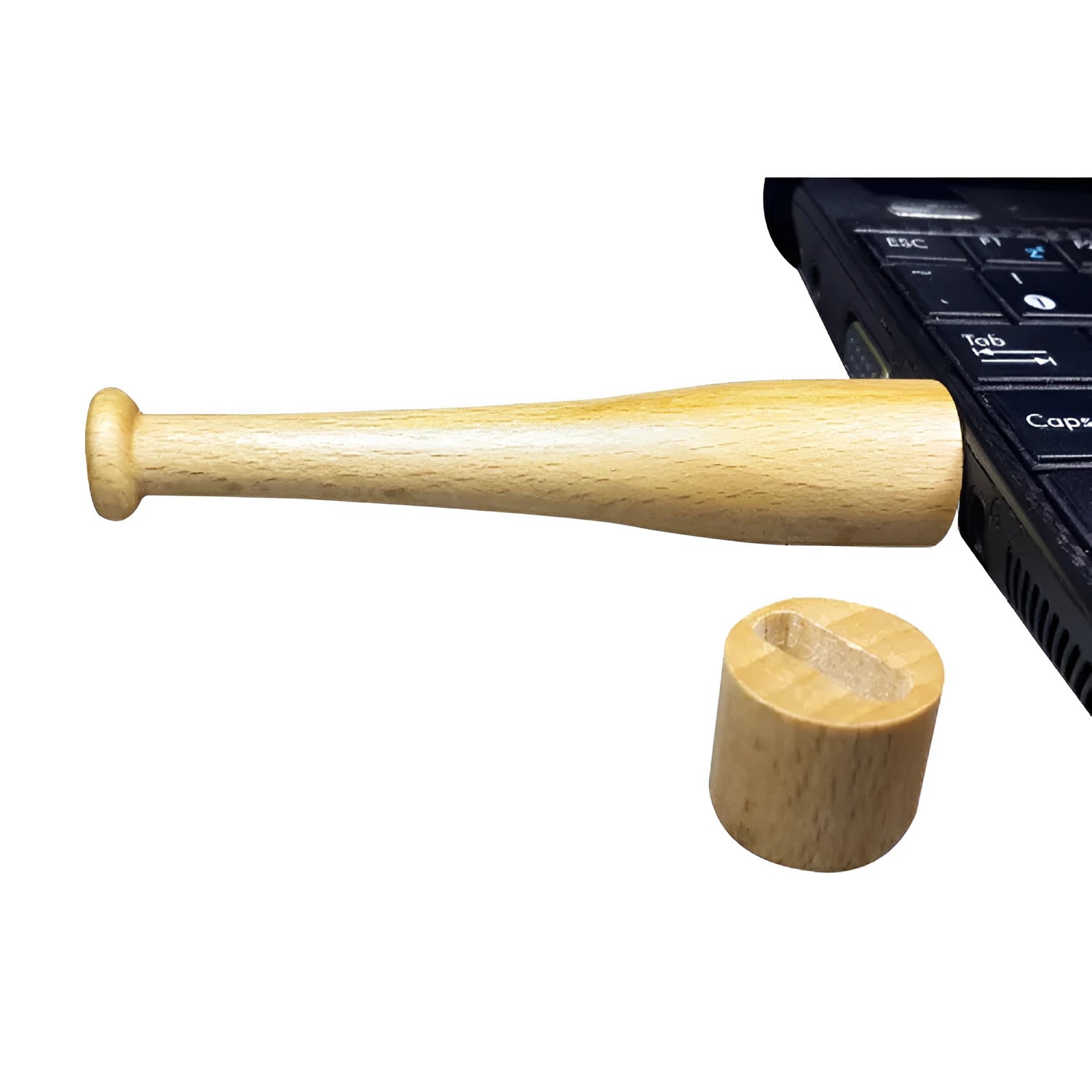 Wooden baseball bat USB flash drive with creative design and USB connector on a light background.