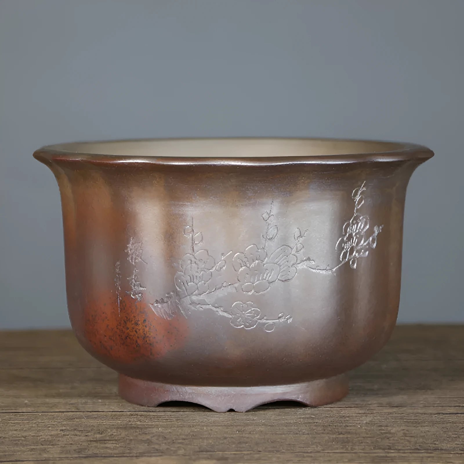 Large antique carved purple sand ceramic flower pot for indoor bonsai