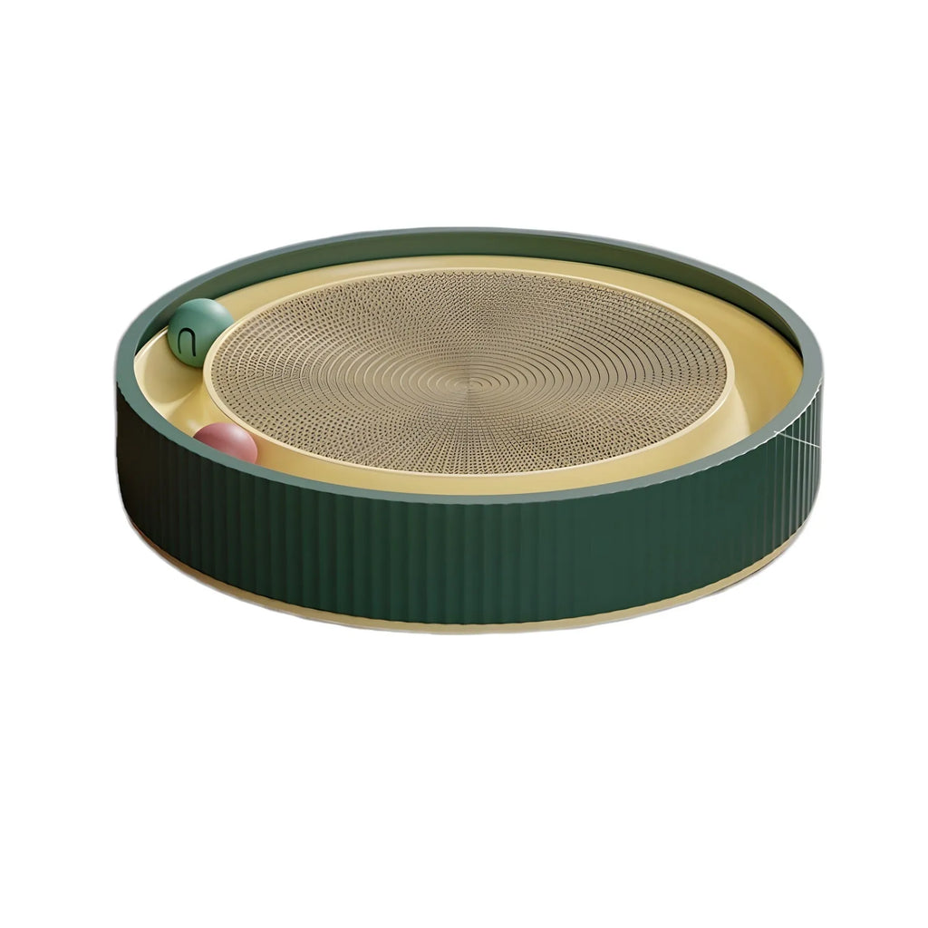 Large green cat scratching board with interactive ball toys showing refillable core design