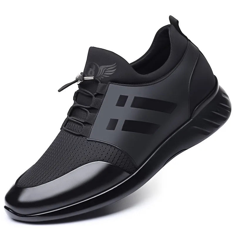 Men's black casual shoes with invisible height increase, available in leather, Lycra, and mesh uppers.