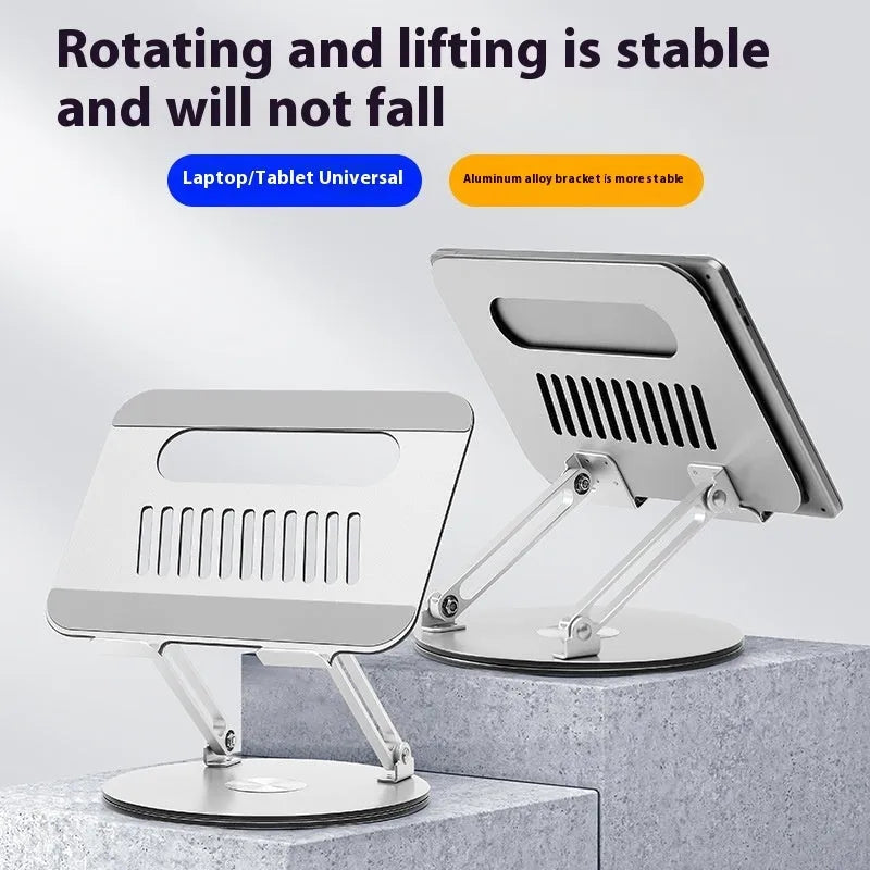 Silver aluminium laptop stand with adjustable height and rotating function on desktop
