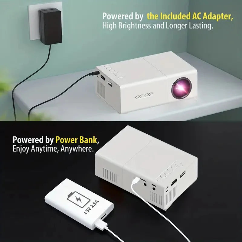 M100 mini LED projector in black or white with remote control showing 100-inch projection capability