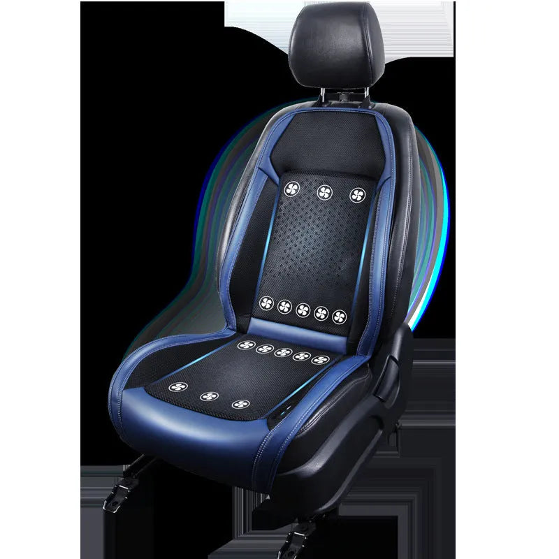 Black car seat cooling pad with ventilation fan and USB cable on vehicle seat