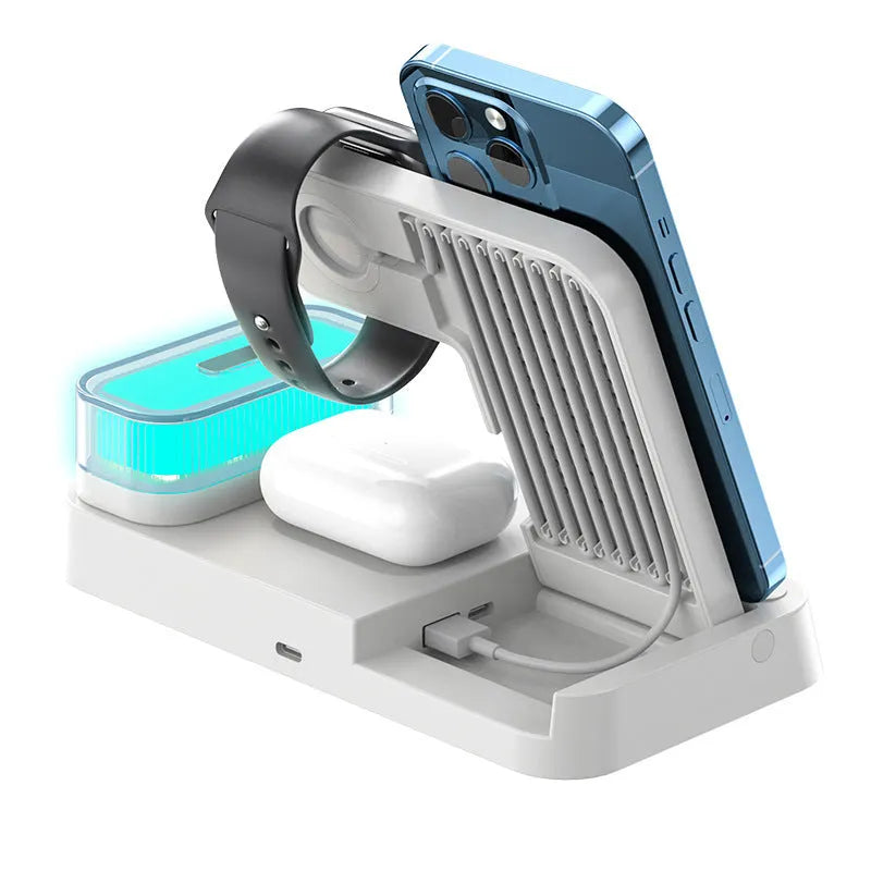 Foldable wireless charging station showing alarm clock display, RGB night light, and phone charging surface