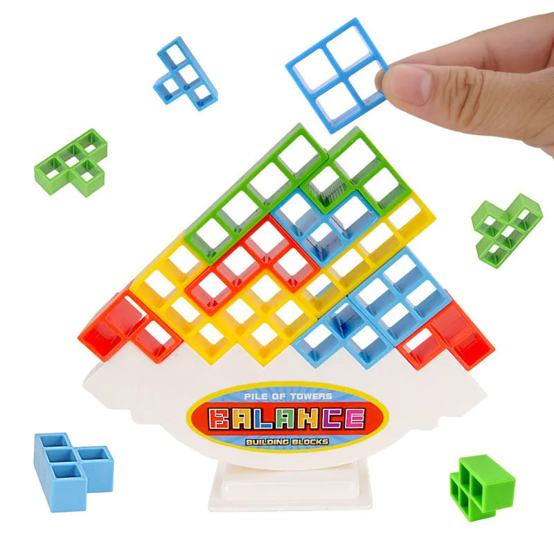 Balance stacking board game with plastic building blocks, chassis, and base for family play