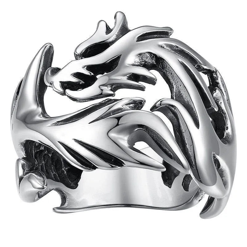 Adjustable Chinese dragon pattern ring in antique silver blue and green colours