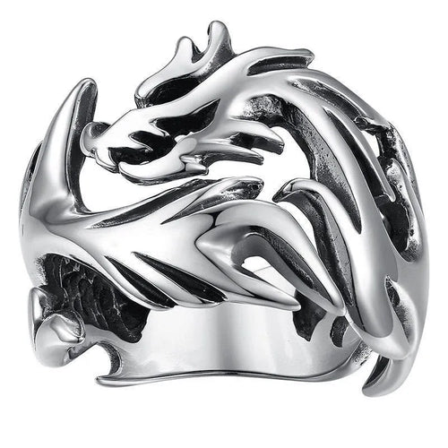 Adjustable Chinese dragon pattern ring in antique silver blue and green colours