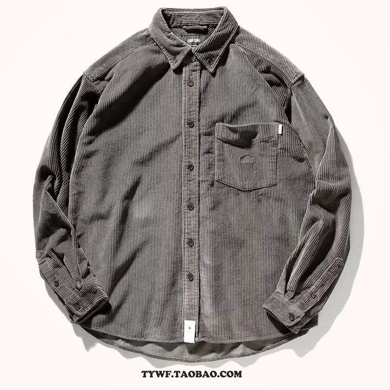 Corduroy loose fit cardigan-style shirt in caramel colour with long sleeves