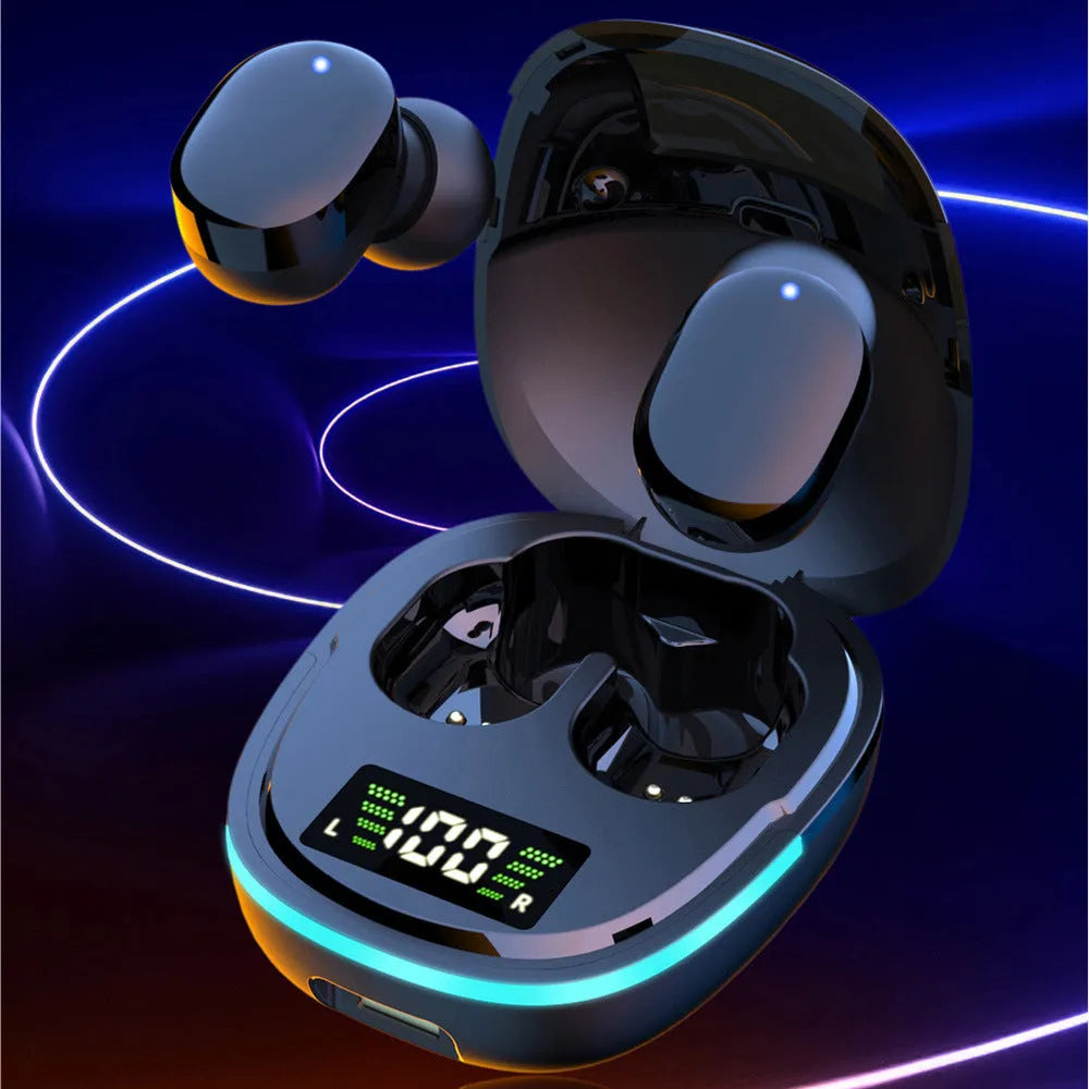 Black wireless Bluetooth headphones with charging case showing digital battery display