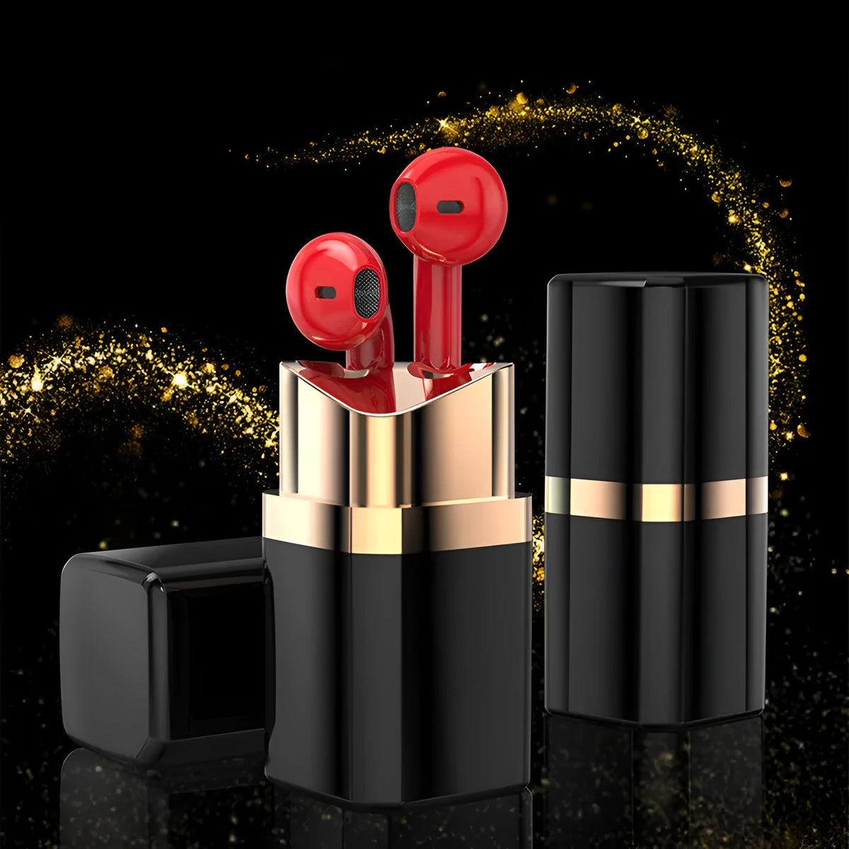 Fashion lipstick-shaped wireless Bluetooth earphones in black, pink, purple, and white with charging case.