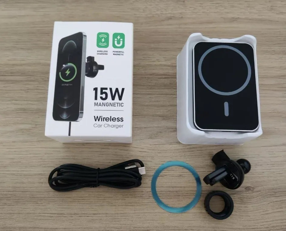 Black X-16 magnetic car wireless charger phone holder attached to a vent bracket