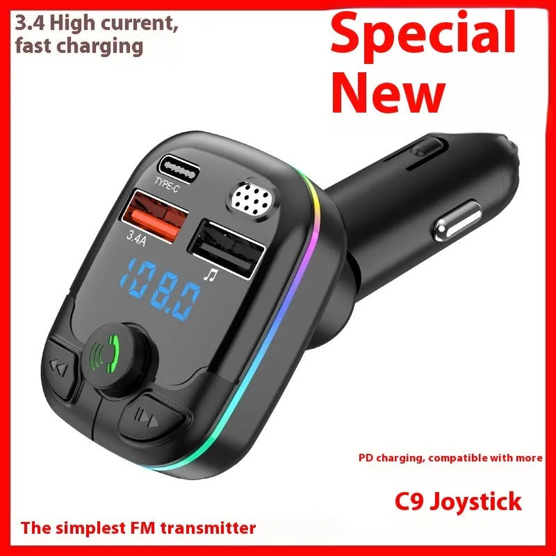 C9 vehicular Bluetooth MP3 player with hands-free call FM transmitter and PD fast charge showing 1.1 inch screen and ABS body