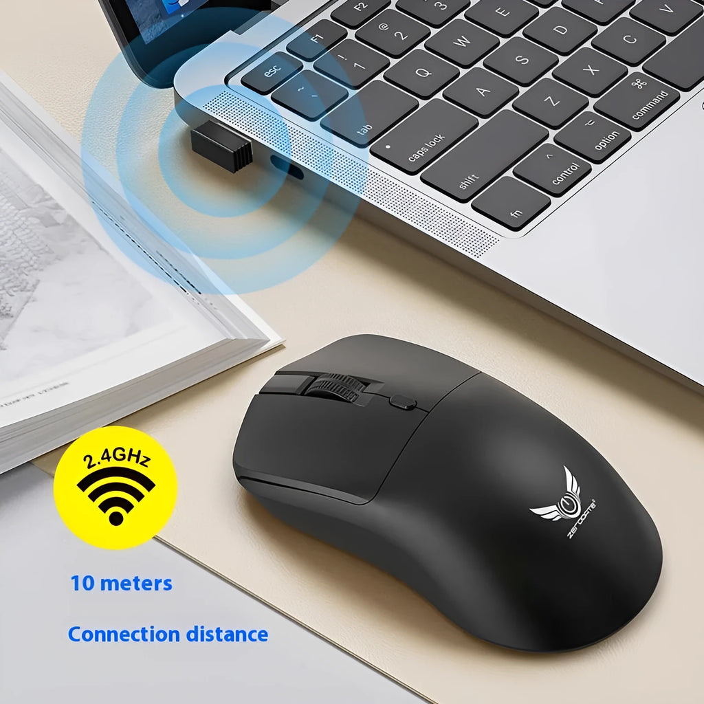 Black wireless computer mouse with three buttons and scroll wheel for laptop use