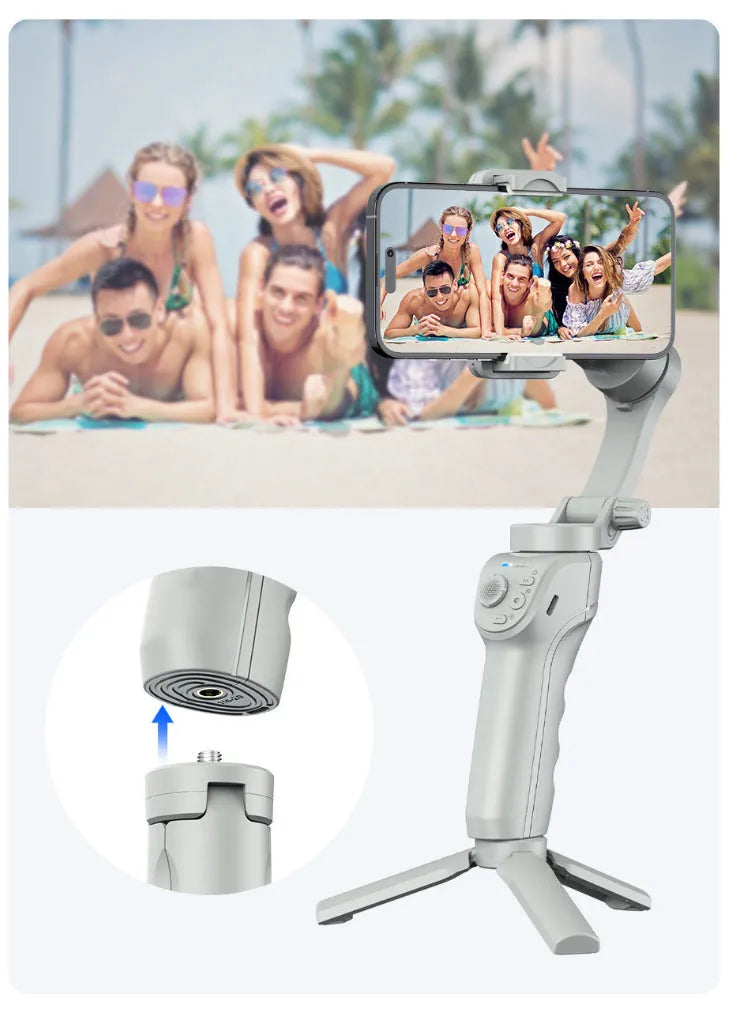 Hand-held three-axis anti-shake stabilizer with AI face tracking and fill light in gray ABS construction
