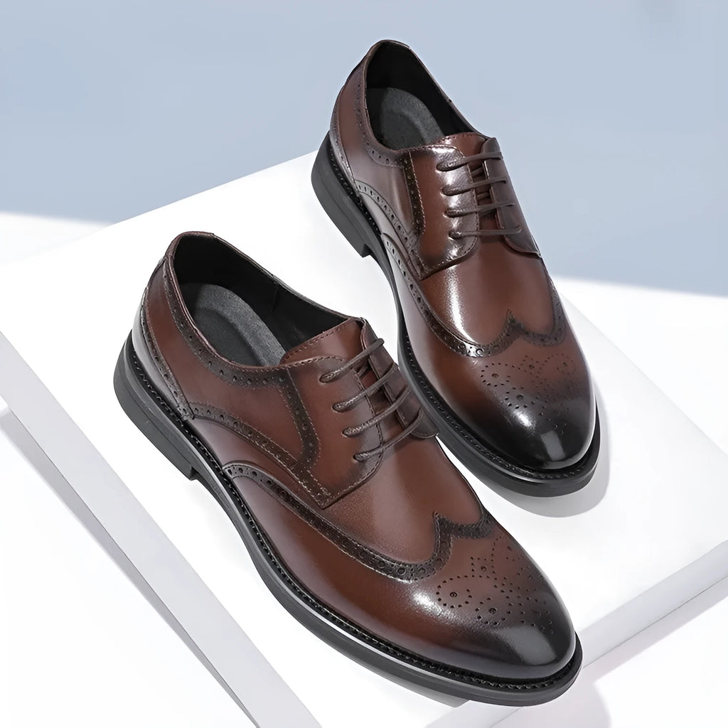 Men's black and brown brogue leather shoes for business wear with traditional detailing