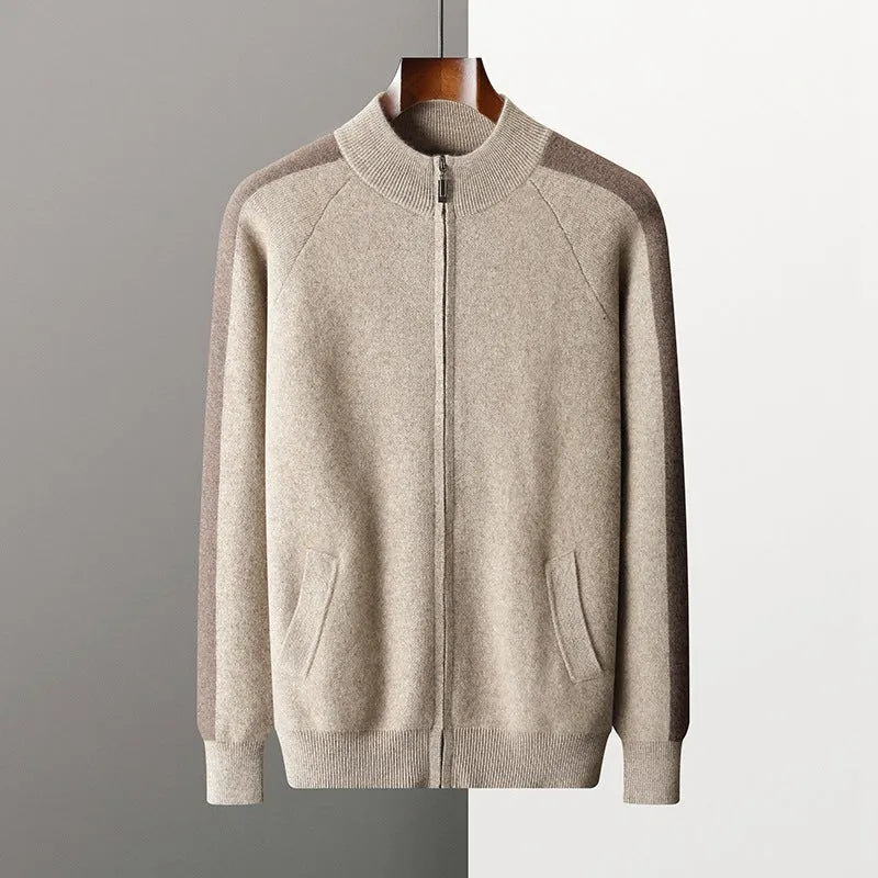Men's camel coloured cashmere wool blend knitted cardigan suit with zip front and matching trousers.