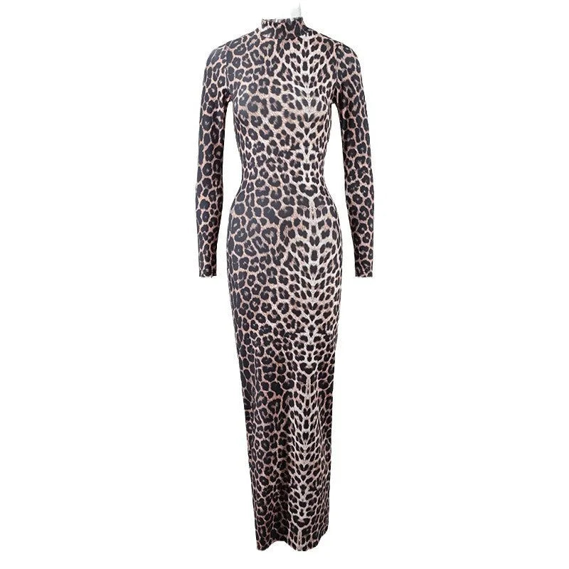 Leopard print women's long dress with stand collar and long sleeves