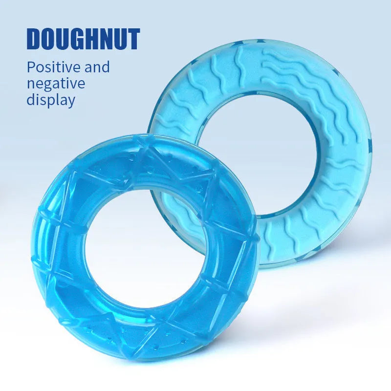 Set of three water-filled ice dog cooling toys including pacifier, popsicle mould, and ring shapes