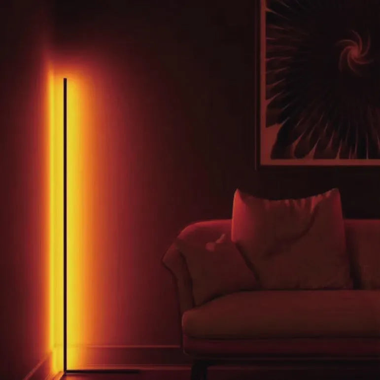 Black RGB atmosphere floor lamp with silicone shade and aluminum alloy body featuring music sync LED lighting