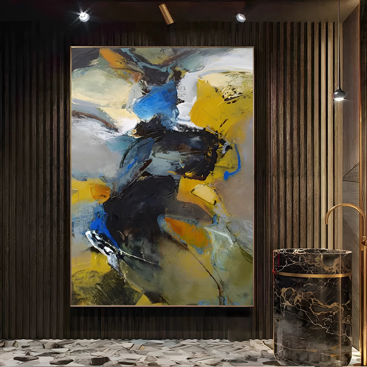 Handmade oil painting on canvas, modern abstract design, vertical orientation, rolled frameless artwork