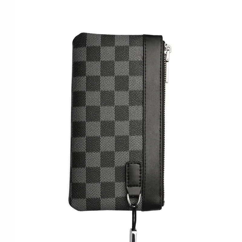 Men's black leather plaid clutch wallet made from genuine cowhide leather