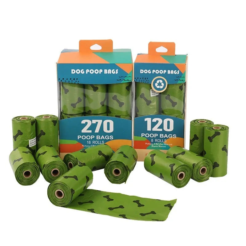 Military green degradable dog poop bags with black bone print measuring 23cm by 33cm