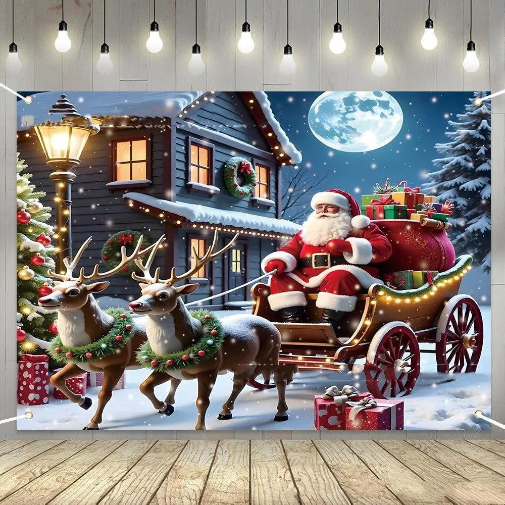 Red and white Christmas banner with Santa Claus design, measuring 210cm by 150cm.