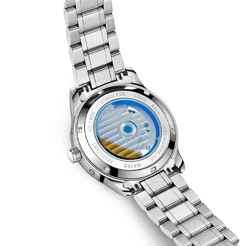 Men's stainless steel business mechanical watch with sapphire glass and leather strap