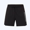 Men's white long-sleeve V-neck swim top with matching blue swim trunks set.